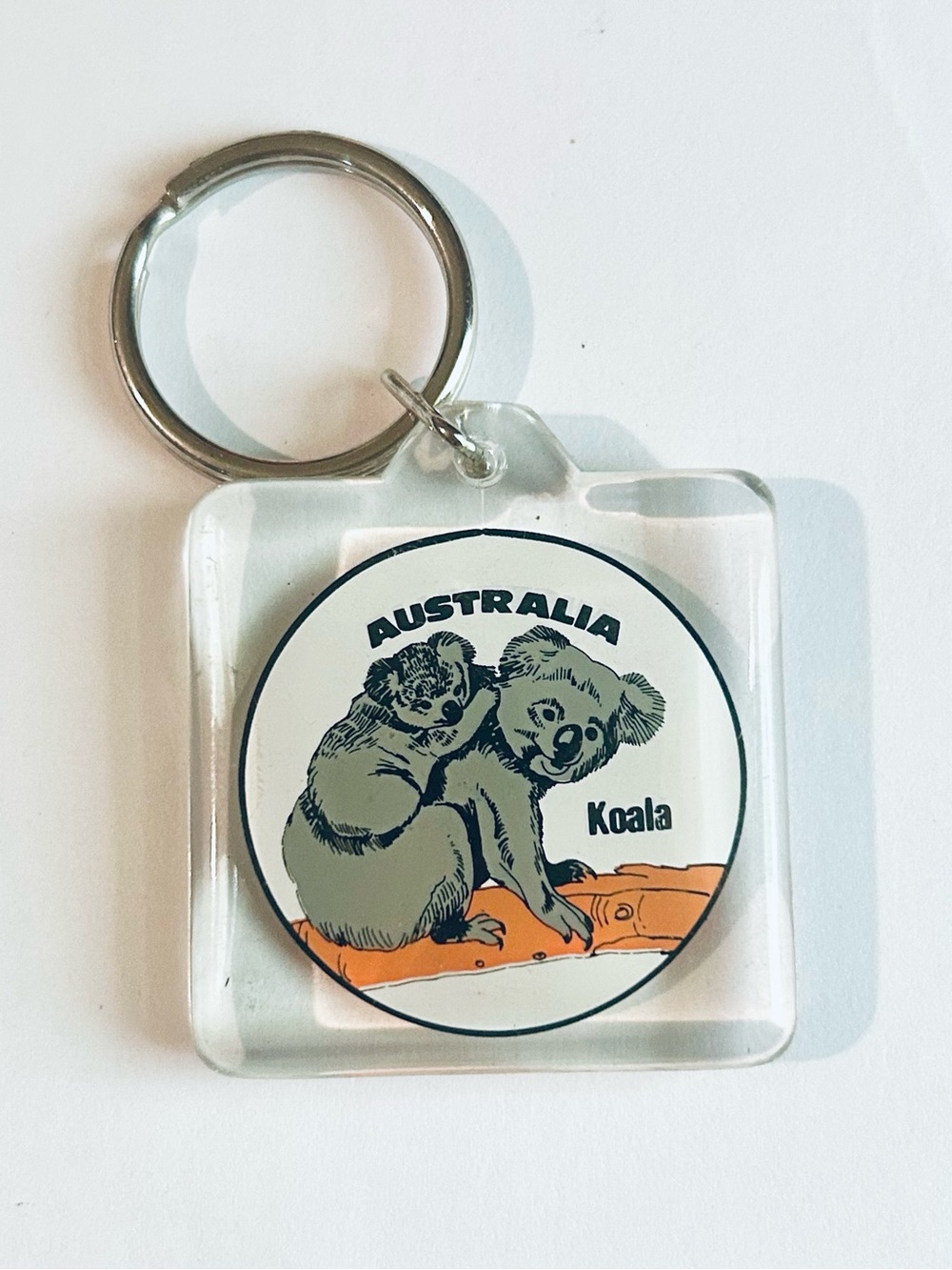 Australia Koala Keychain, Travel, Souvenir - Clear Acrylic with Grey & Orange